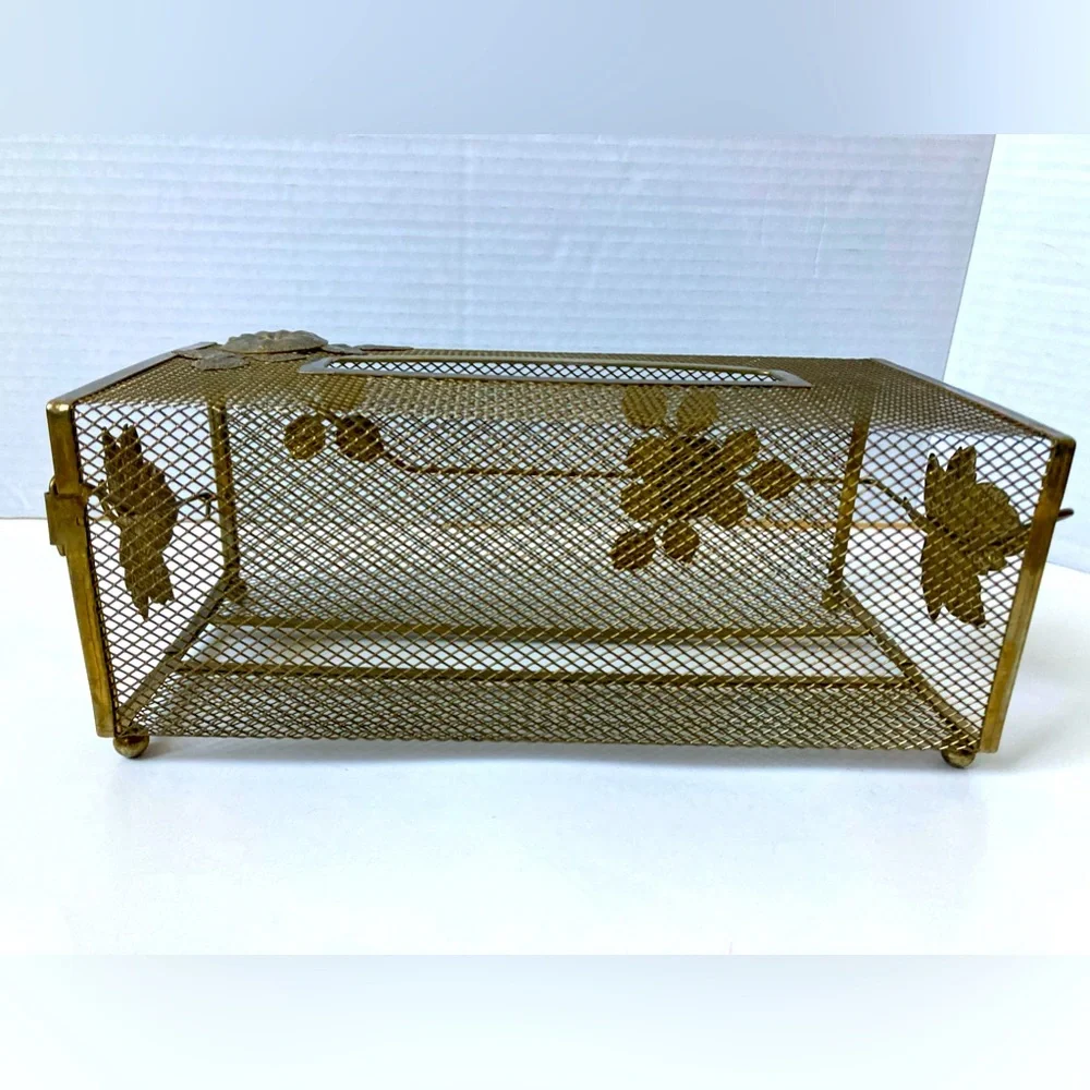 Midcentury Tissue Holder Cottagecore Gold Toned Mesh Ivy Flowers